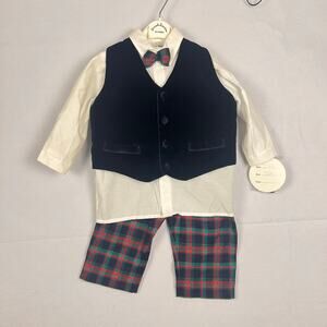 Vintage NWT Sarah Louise Boys Plaid Tartan Vest Shirt Bowtie Set 18M